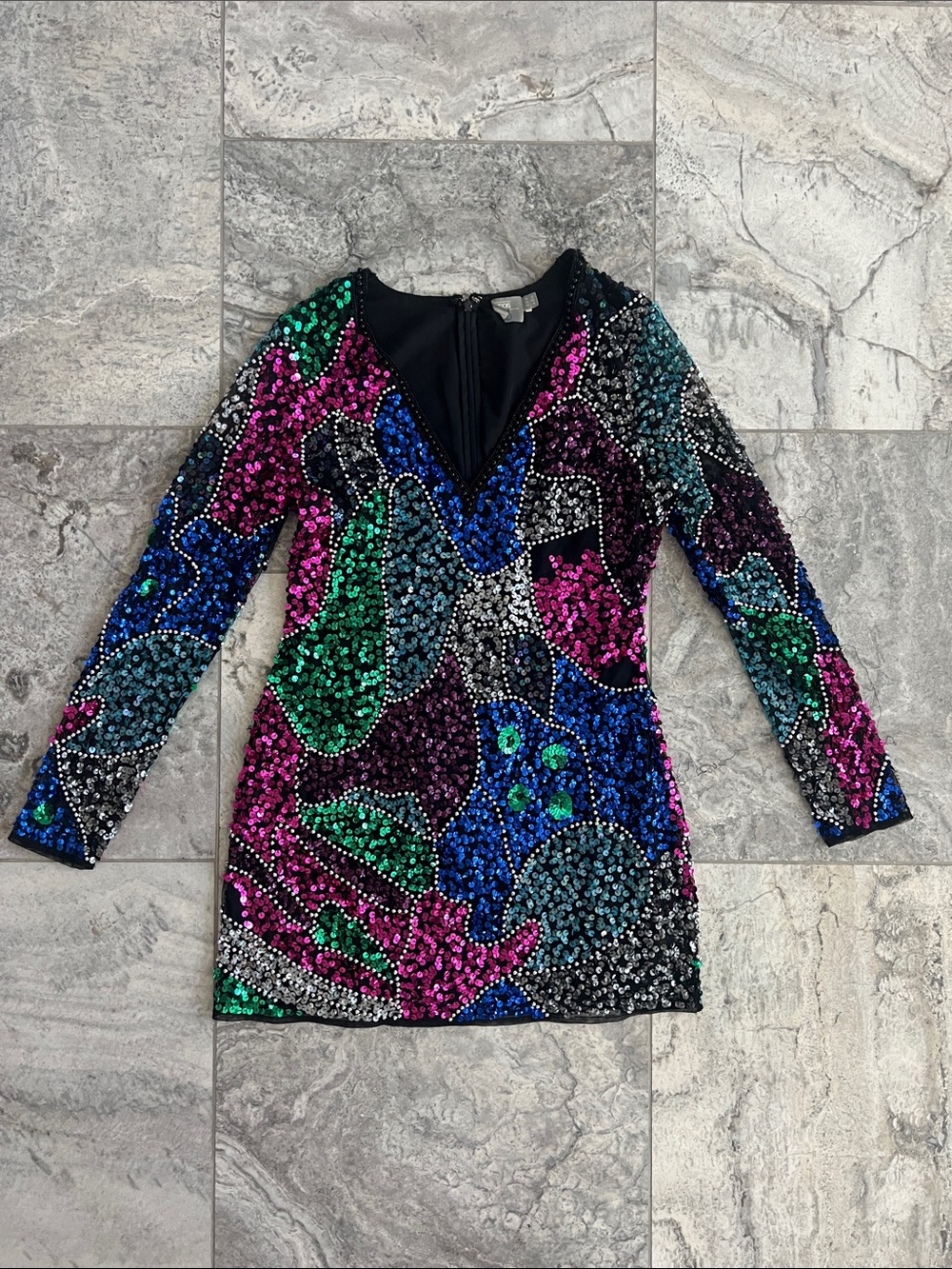 ASOS Multicolor Sequin V-Neck Mini Dress - Long Sleeve Party Dress